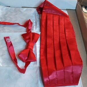 Red Satin Bow Tie and Pleated Cummerbund Set